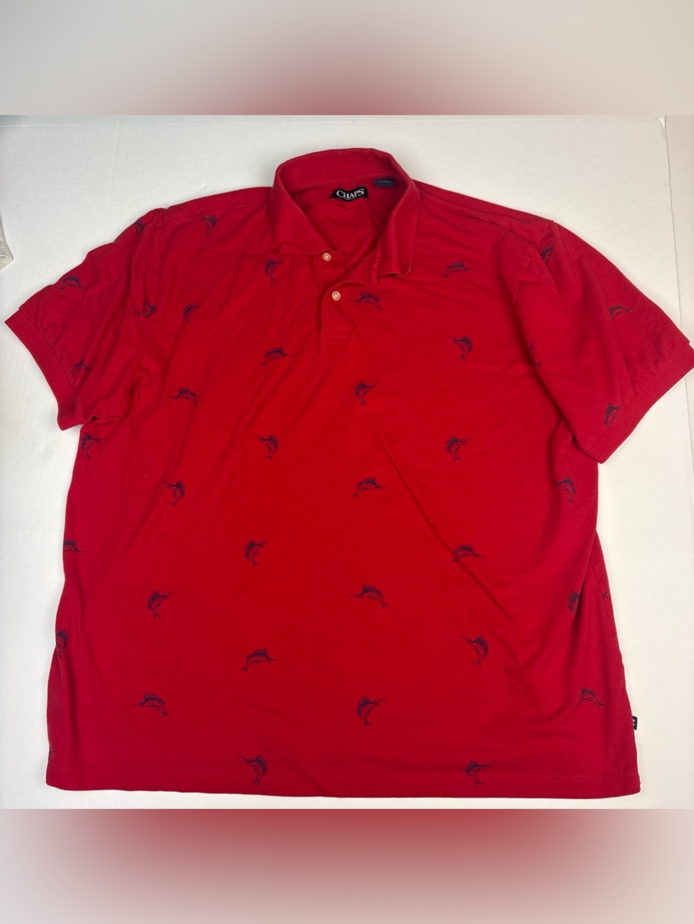 Chaps Men XXL Polo Shirt Red Blue Swordfish Short Sleeve Beach Preppy Cotton